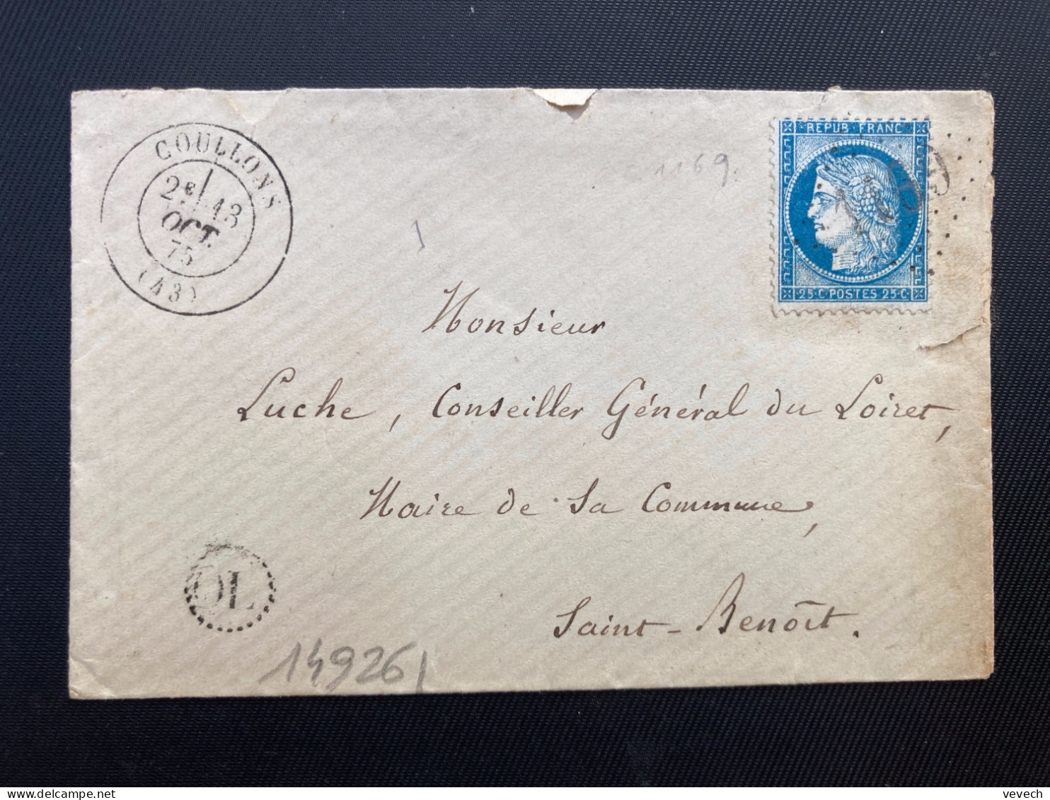 LETTRE TP CERES 5c OBL. GC 1169 + 13 OCT 75 COULLONS (43) + OL ORIGINE LOCALE Pour LUCHE Maire De ST NENOIT (45) - 1849-1876: Klassieke Periode