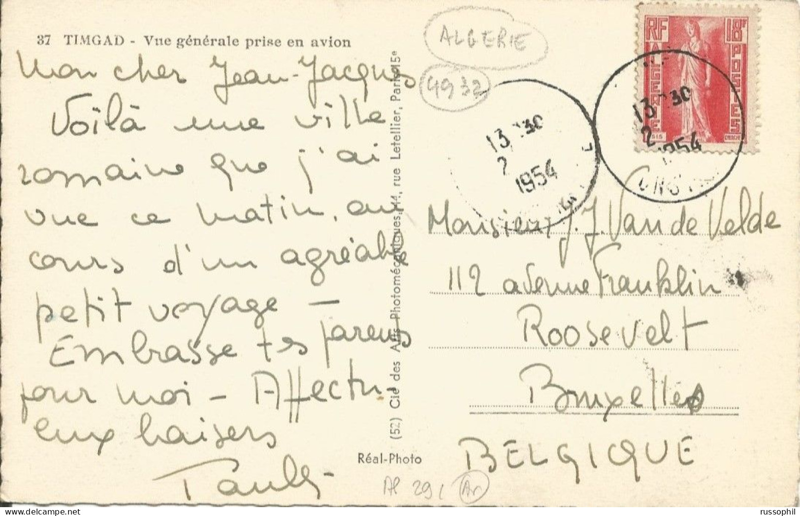 ALGERIE - TIMGAD - VUE GENERALE PRISE EN AVION - ED. CAP REF #37 - GOOD FRANKING 1954 - Autres & Non Classés