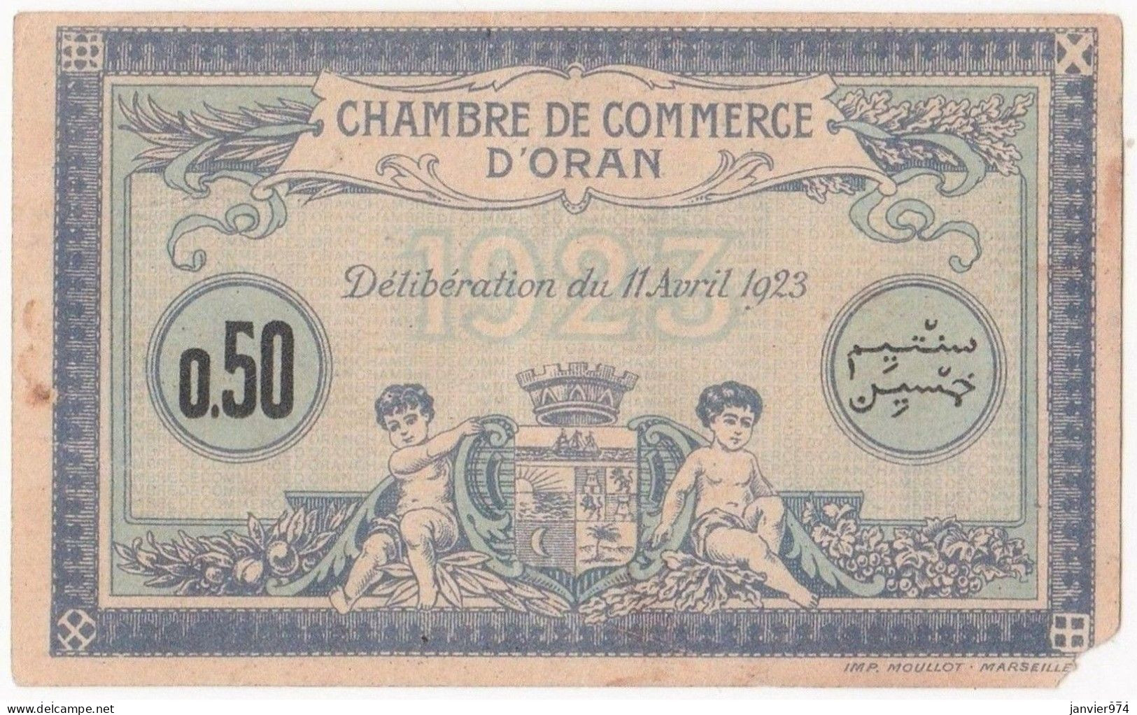 Algerie Oran. Chambre De Commerce.  50 Centimes 11 Avril 1923 N° 18,790. Billet Colonial Circulé. RARE - Albanie