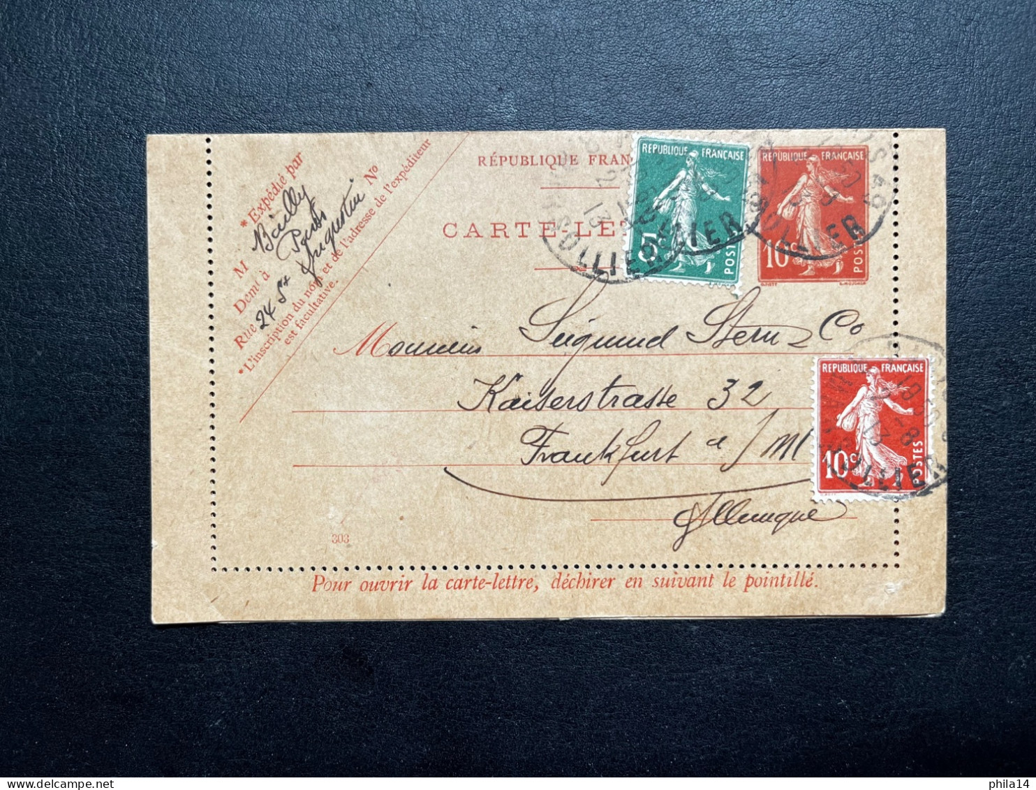 10c ENTIER CARTE LETTRE & 5c SEMEUSE / PARIS 49 POUR FRANKFURT /M  / 1913 - Letter Cards
