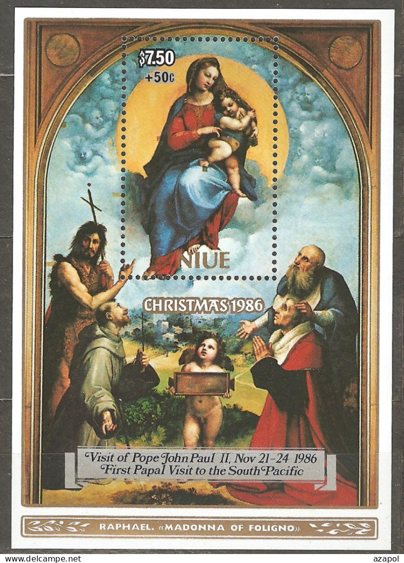 Niue: Mint Block With Surtax & Overprint, Christmas - Painting By Raphael, 1986, Mi#Bl-108, MNH - Niue