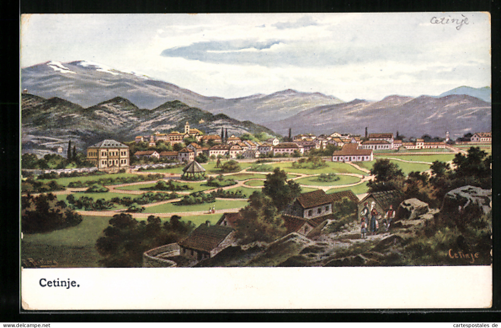 Künstler-AK Friedrich Perlberg: Cetinje, Ortsansicht Aus Der Vogelschau  - Perlberg, F.