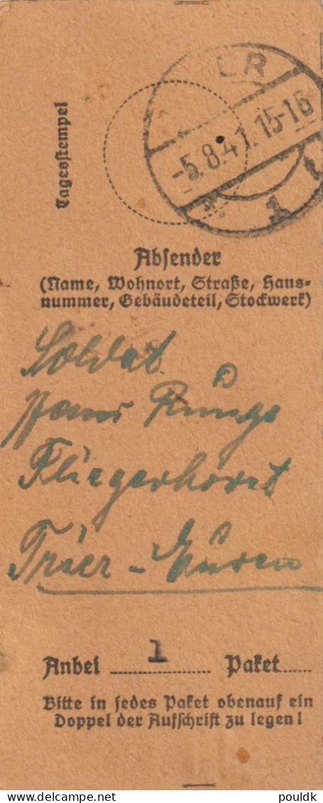 German Feldpost WW2 - Packet Receipt From An Airbase Fliegerhorst Trier-Euren Posted Trier 5.8.1941 - Message On Back. P - Militaria