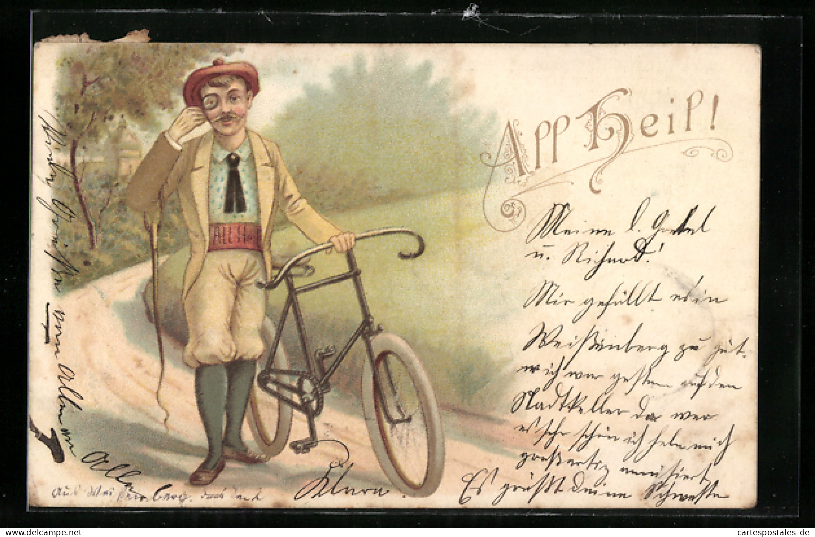 Lithographie All Heil!, Radler Mit Monokel Und Fahrrad  - Other & Unclassified