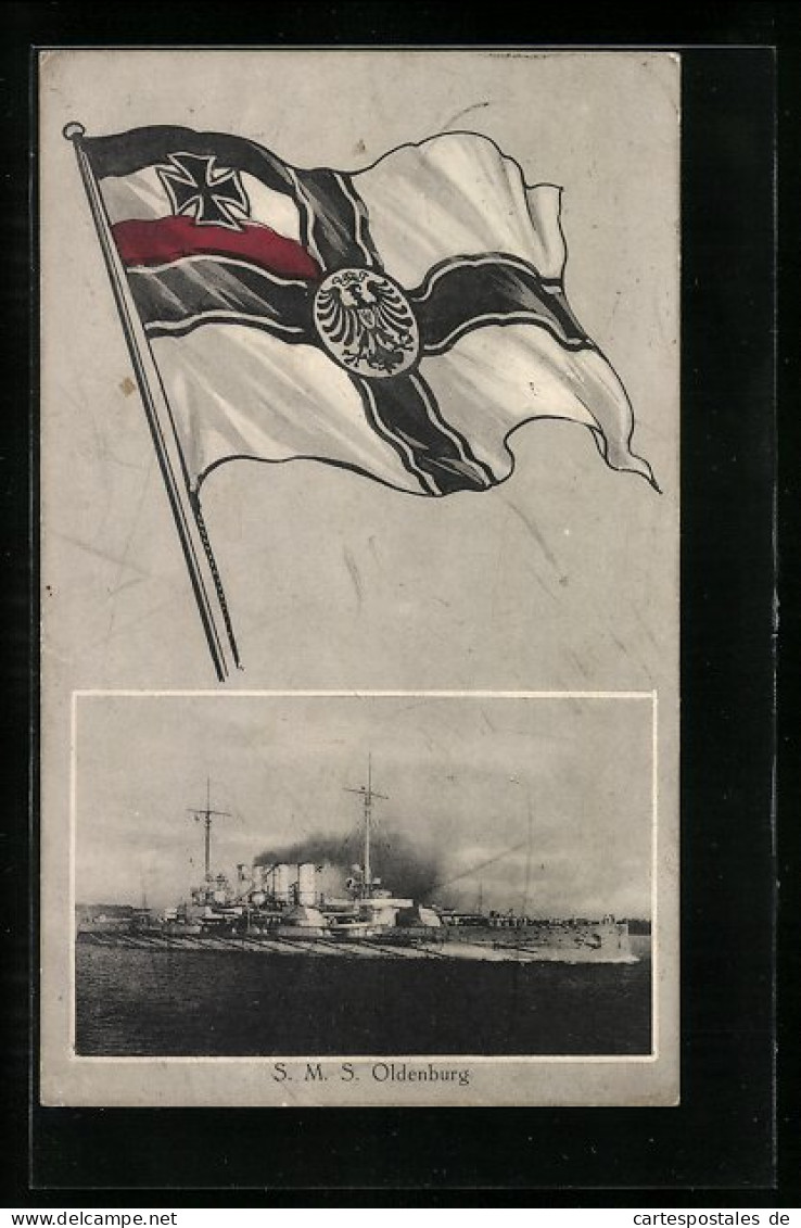 AK Kriegsschiff SMS Oldenburg, Reichskriegsflagge  - Krieg