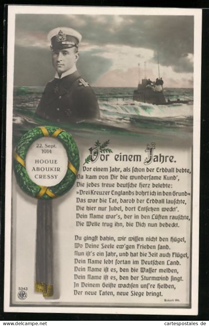 AK Portrait Kapitän Weddigen, U-Boot U9, Versenkte Am 22. Sept. 1914 Houge, Aboukir Und Cressy  - Krieg