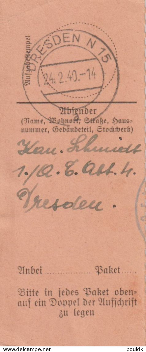German Feldpost WW2 - Packet Receipt From 1./Artillerie Ersatz Abteilung 4 In Dresden Posted Dresden N15 24.2.1940. Post - Militaria