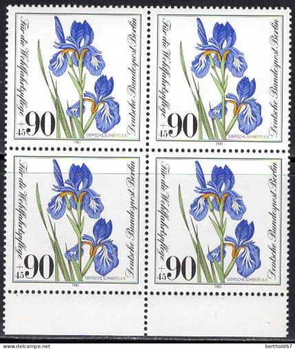 Berlin Poste N** Yv:614 Mi:653 Sibirische Schwertlilie Iris Sibirica Bloc De 4 Bord De Feuille - Neufs