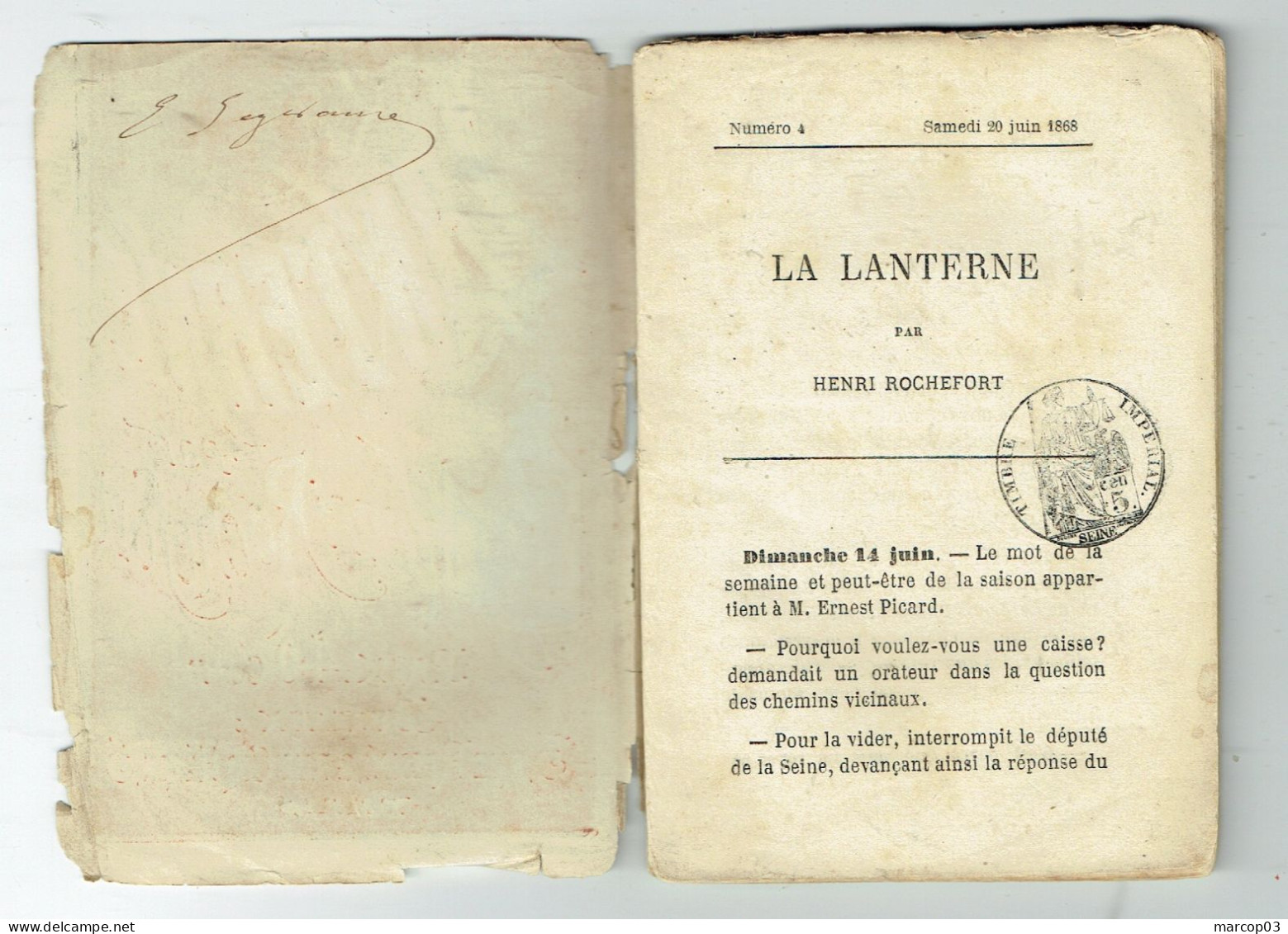 75 PARIS La Lanterne Du 20/06/1868 écrit Non Périodique Droit De Timbre De 5 C SEINE Ouvrage Complet TTB - Zeitungsmarken (Streifbänder)