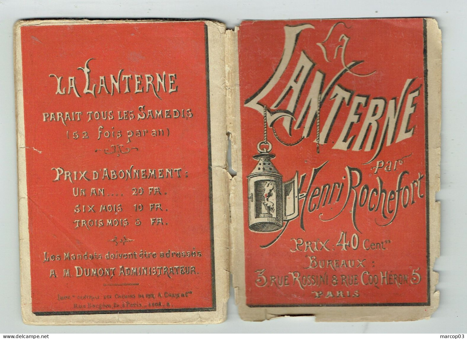 75 PARIS La Lanterne Du 20/06/1868 écrit Non Périodique Droit De Timbre De 5 C SEINE Ouvrage Complet TTB - Zeitungsmarken (Streifbänder)