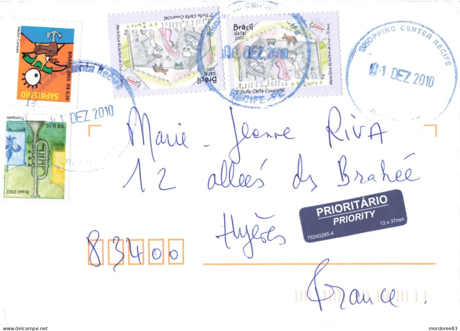 BRASIL LETTRE COVER RECIFE 1/12/2010 POUR FROM FRANCE HYERES - Covers & Documents