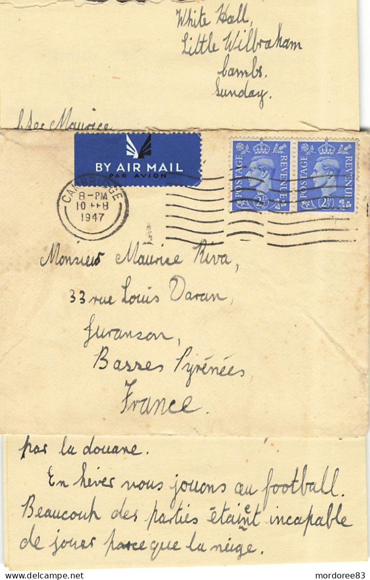 COVER AIR MAIL CAMBRIDGE 10/8//1947 FROM FRANCE JURANCON - Brieven En Documenten