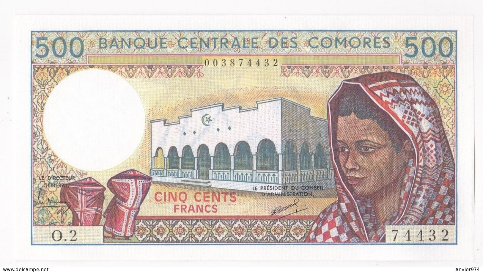 Banque Centrale Des COMORES 500 Francs 1986 - 1994 , Alphabet O.2 , N° 74432, . Billet Neuf UNC - Comoren