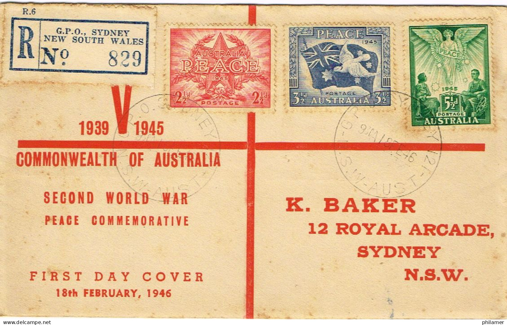 AUSTRALIE AUSTRALIA RECOMMANDE FDC PREMIER JOUR V VICTORY VICTOIRE GUERRE MONDIALE WW2 18/02/45 BE - Covers & Documents