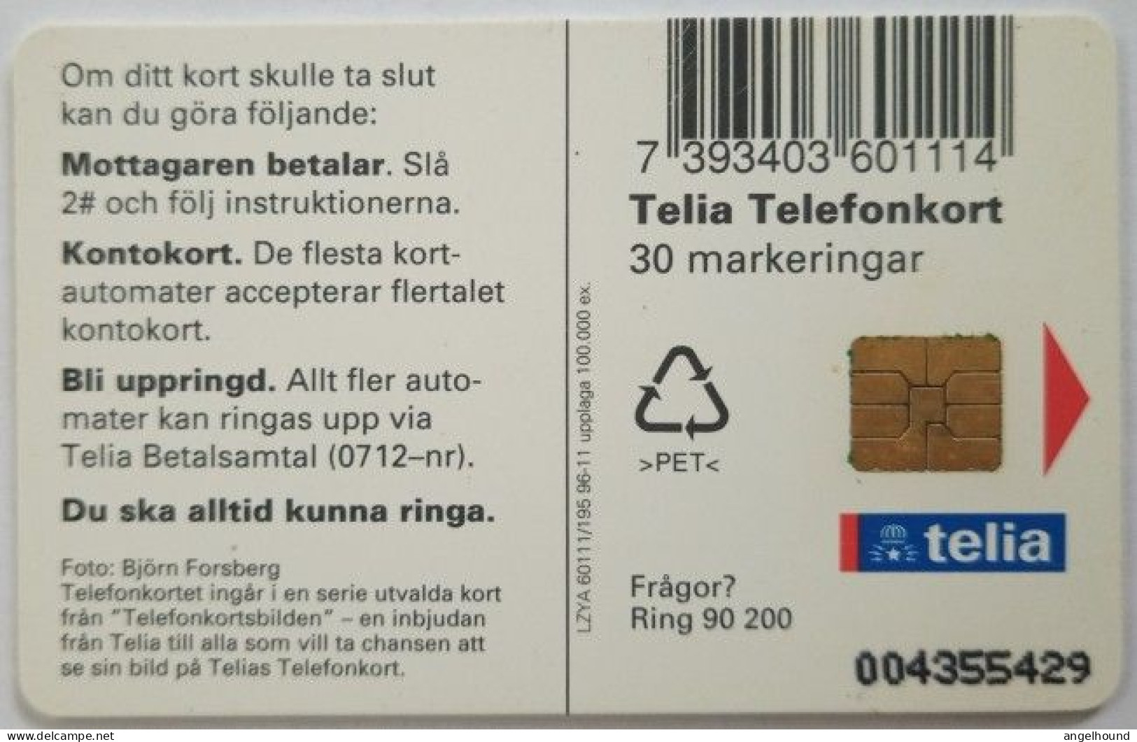 Sweden 30Mk. Chip Card - Bird 6 Big Woodpecker - Suède