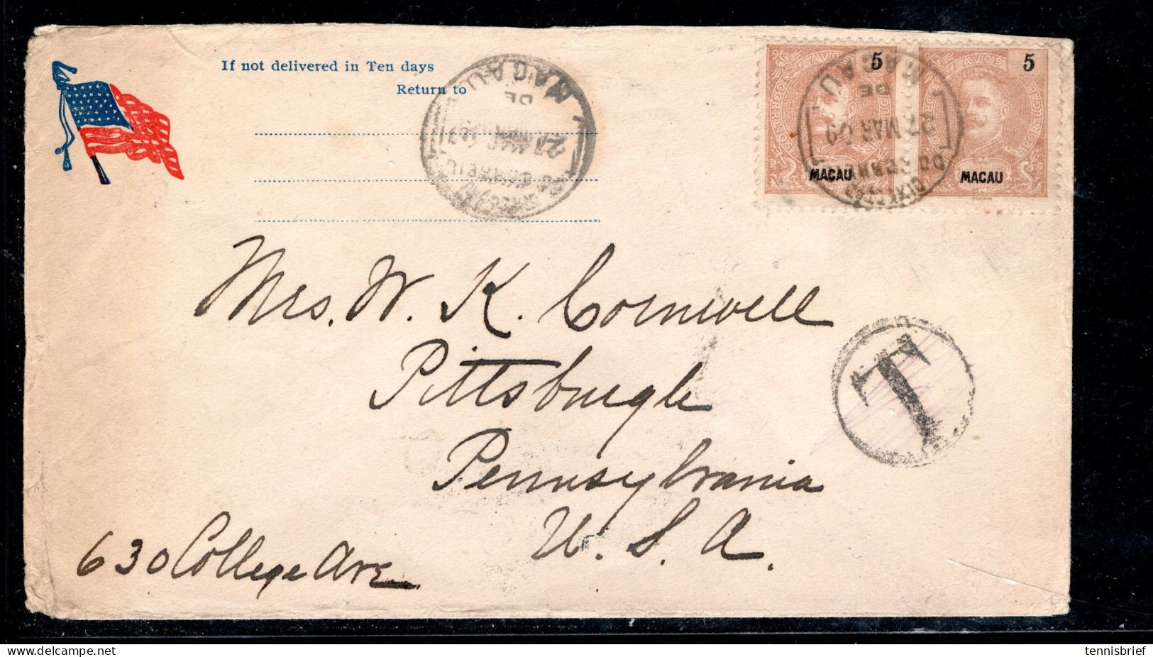 1909, 5 R. Paire  ( Small Perforation Faults ) , Clear " MACAO " , Cover To USA , Special Rate ?   RR !  #225 - Briefe U. Dokumente