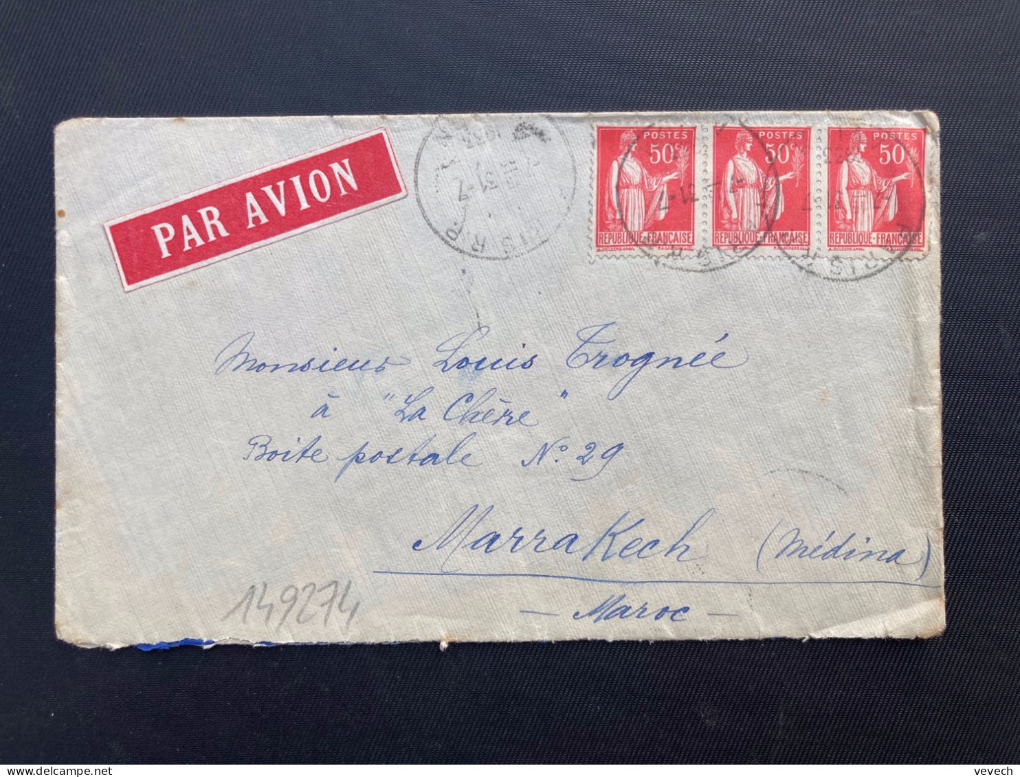 LETTRE Par Avion Pour Le MAROC TP PAIX 50c Bande De 3 OBL. HOROPLAN 31-7 1933 PARIS RP AVION - 1921-1960: Période Moderne