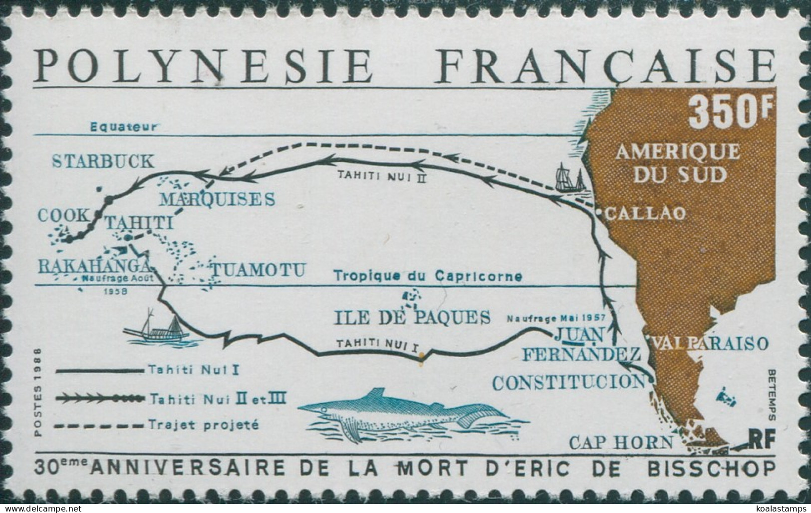 French Polynesia 1988 Sc#491,SG541 350f Map Of Eric De Bisschop Route MNH - Other & Unclassified