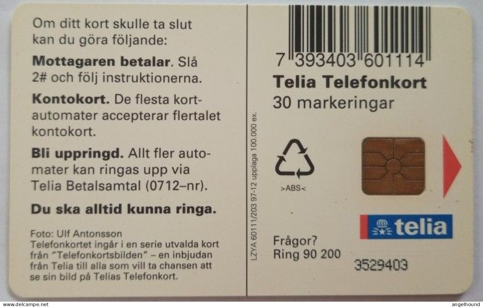 Sweden 30Mk. Chip Card - Whale's Tail - Val - Sweden