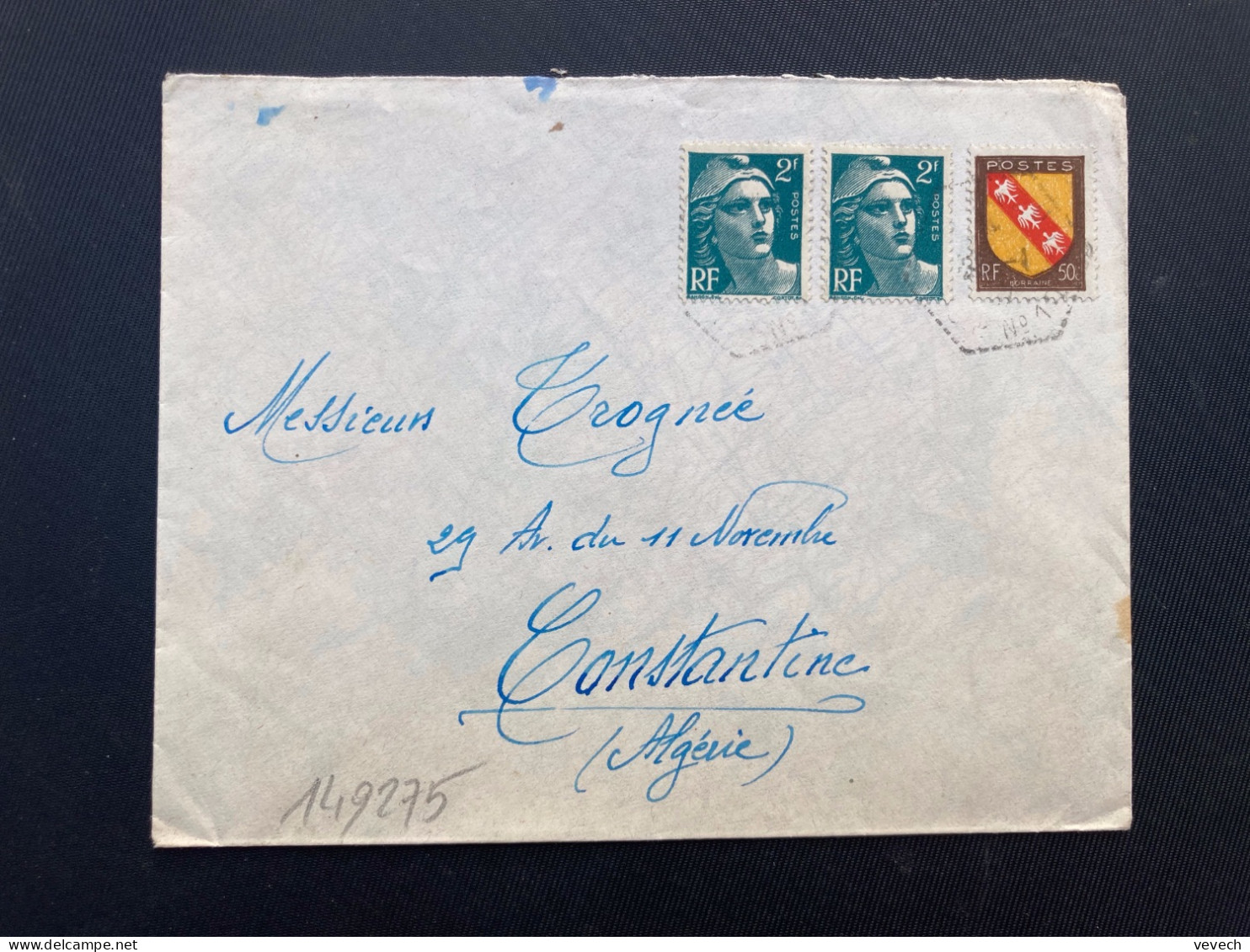 LETTRE Pour ALGERIE TP M DE GANDON 2F X2 + LORRAINE 50c OBL. HEXAGONALE Tiretée 22-1 47 GISORS (EURE) CP N°10 - 1921-1960: Modern Period