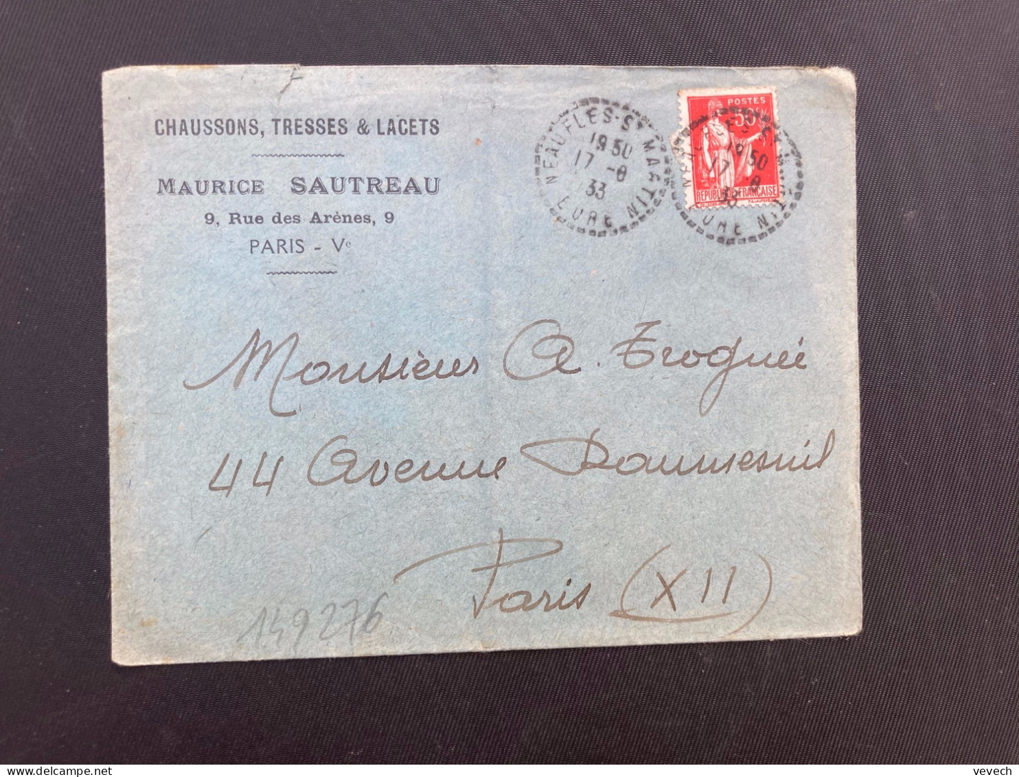 LETTRE MAURICE SAUTREAU PARIS V) CHAUSSONS TP PAIX 50c OBL. Tiretée 17-8 33 NEUFLES ST MARTIN EURE (27) - 1921-1960: Modern Tijdperk