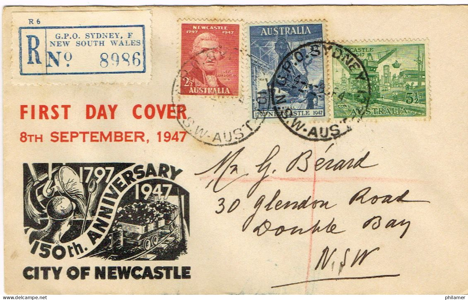 AUSTRALIE AUSTRALIA RECOMMANDE FDC PREMIER JOUR 150 ANNIVERSARY CITY NEWCASTLE 1947 BE - Brieven En Documenten