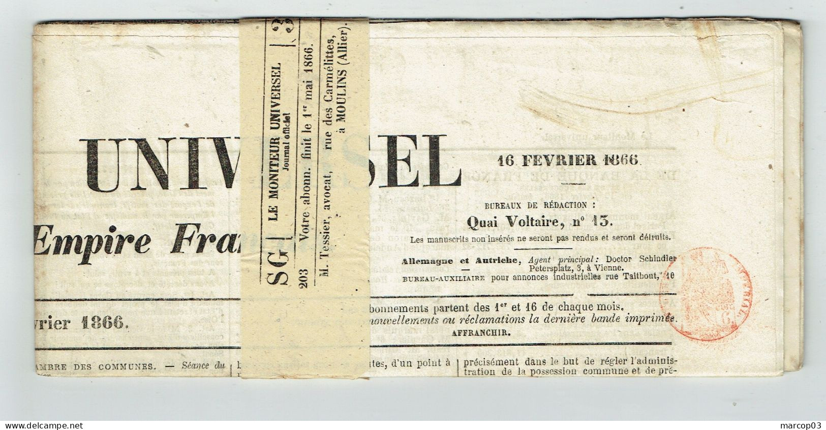 75 PARIS MONITEUR UNIVERSEL Du 16/02/1866 Droit Fiscal/postal De Timbre De 6 C SEINE Journal Complet Avec Bande TTB - Periódicos