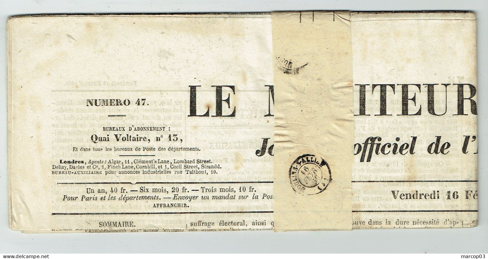 75 PARIS MONITEUR UNIVERSEL Du 16/02/1866 Droit Fiscal/postal De Timbre De 6 C SEINE Journal Complet Avec Bande TTB - Newspapers