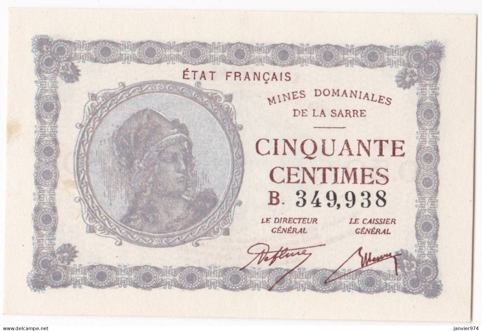 50 Centimes Mines Domaniales De La Sarre, Série B N° 349938 , Pas Circulé, Avec Son Craquant D’origine - 1947 Sarre