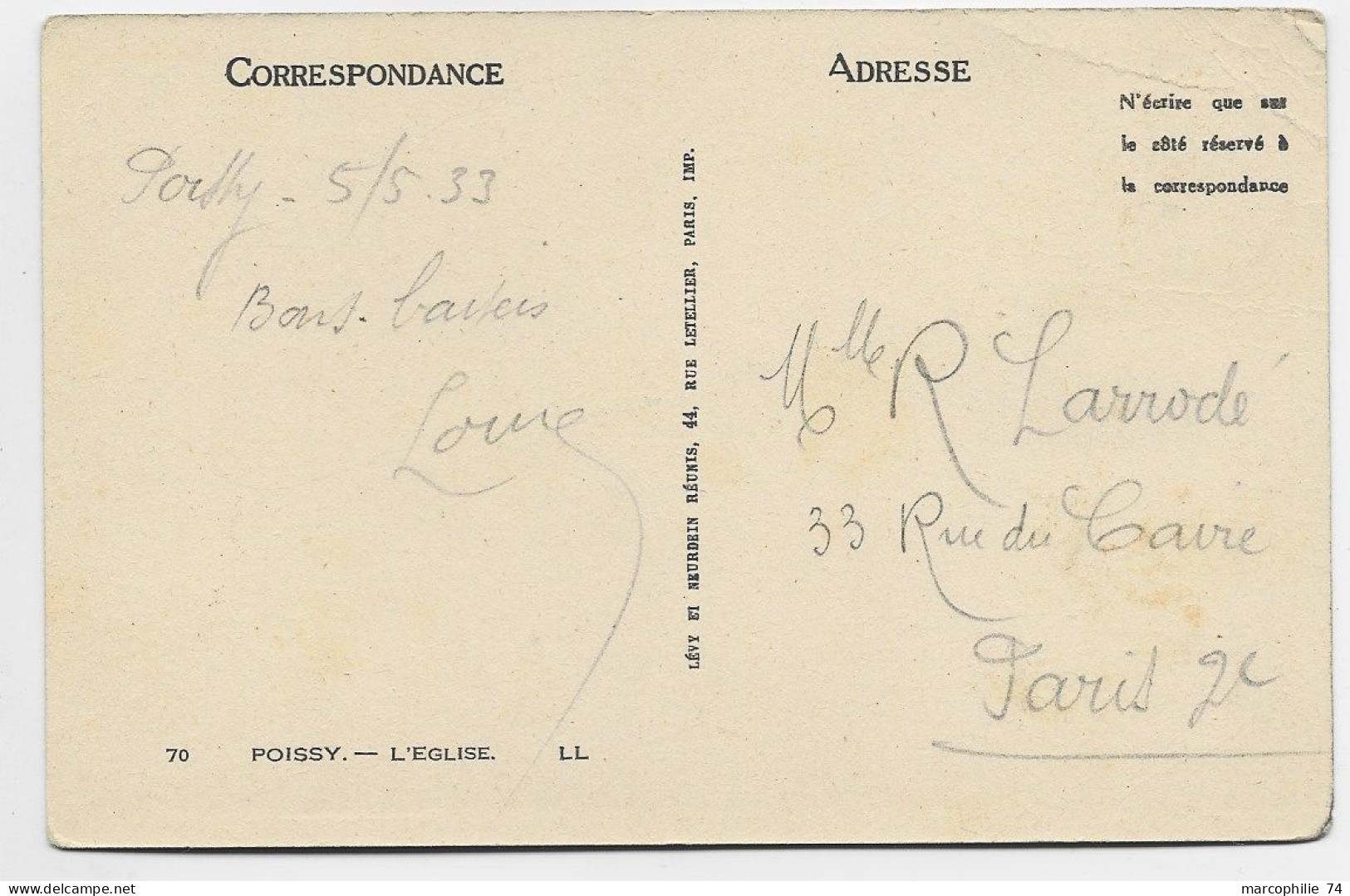 ORPHELINS 15C SURCHARGE SEUL AU RECTO CARTE 5 MOTS POISSY 1933 POUR PARIS - 1921-1960: Moderne