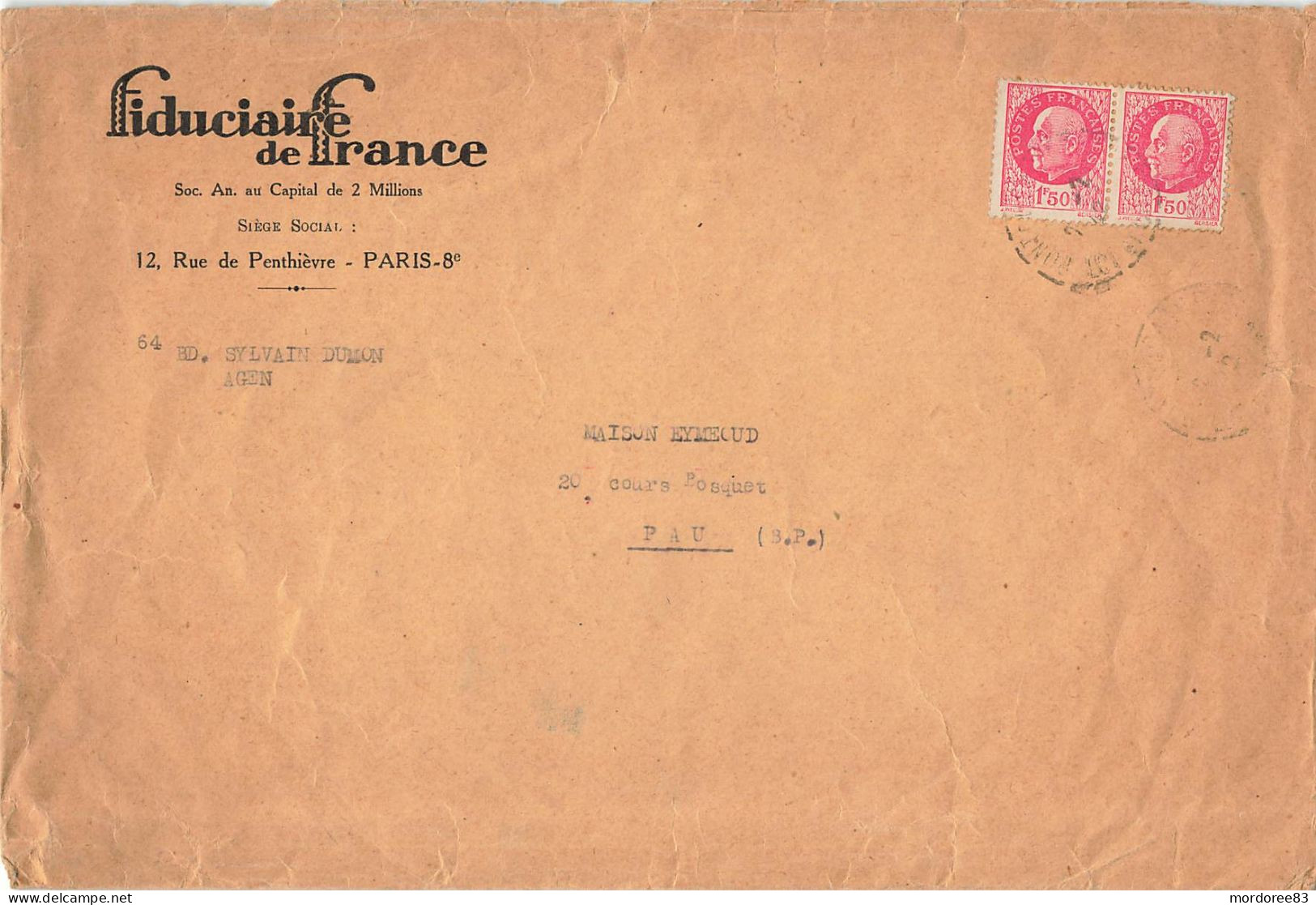 PAIRE PETAIN 1F50 ROSE SUR ENV TARIF 3e ECHELON / FIDUCIAIRE DE FRANCE PARIS 2/2/1942 POUR PAU - 1921-1960: Période Moderne
