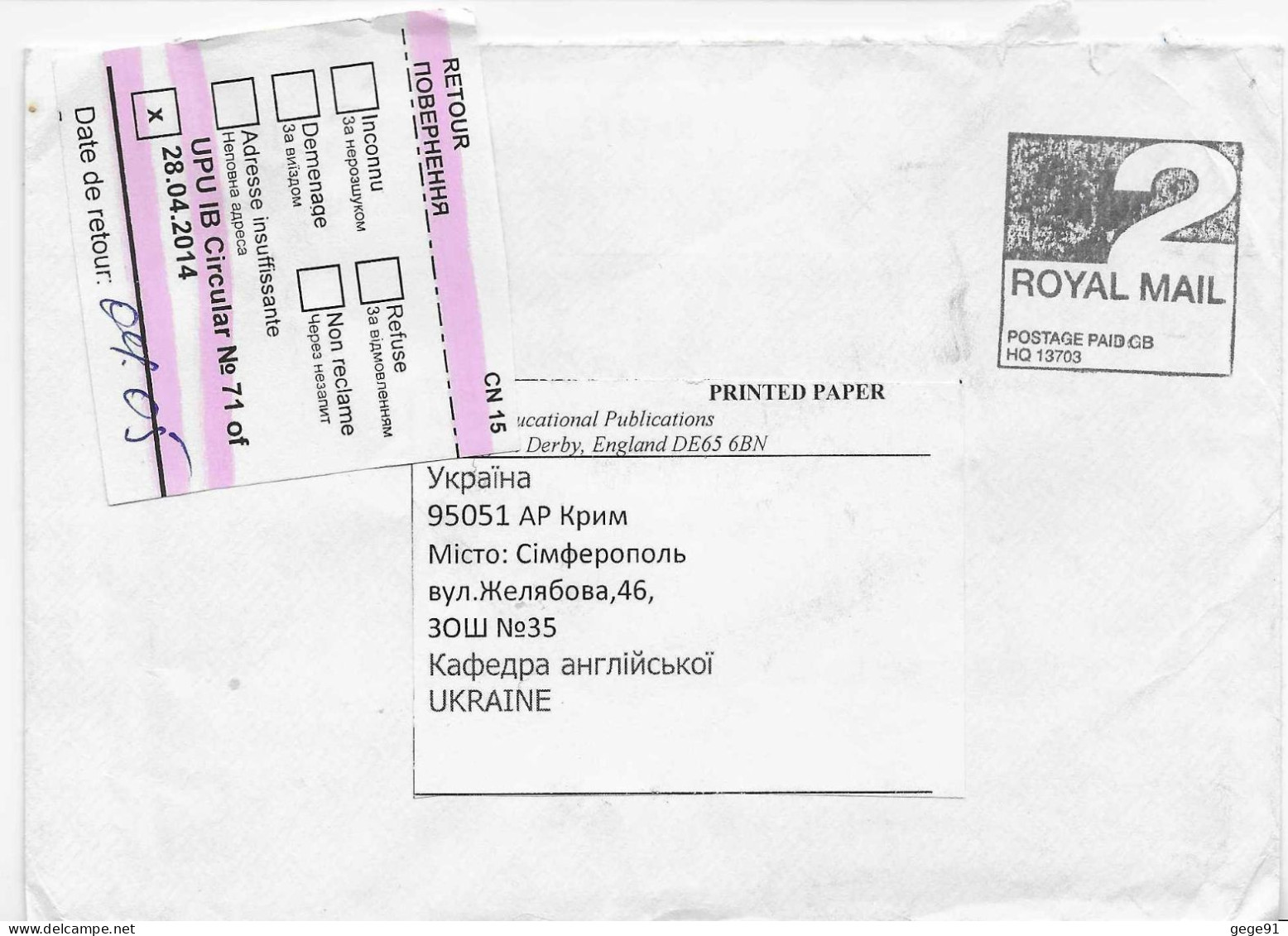 Port Payé - Lettre Pour L'Ukraine En Retour - Storia Postale