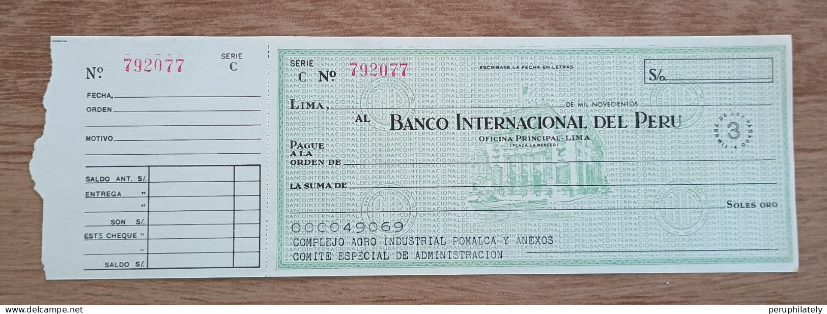 Peru Bank Check , Banco Internacional Del Peru Lima - Pérou