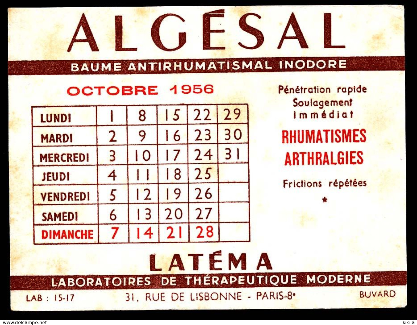 Buvard 15 X 11.5 Calendrier Octobre 1956   Laboratoires De Thérapeutique Moderne  LATEMA  Algésal - Drogerie & Apotheke