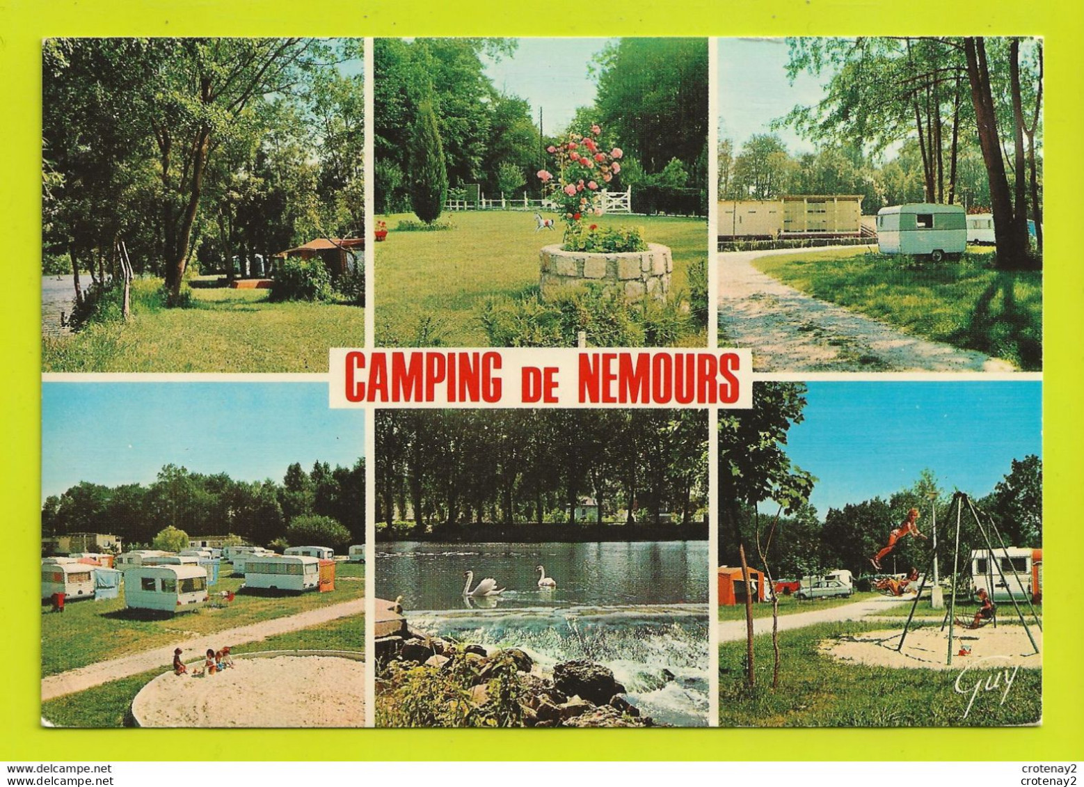 77 NEMOURS Le Camping ACCCF En 6 Vues De 1974 Au Bord Du Loing Caravanes Portique Balançoire Cheval De Bois Renault R16 - Nemours