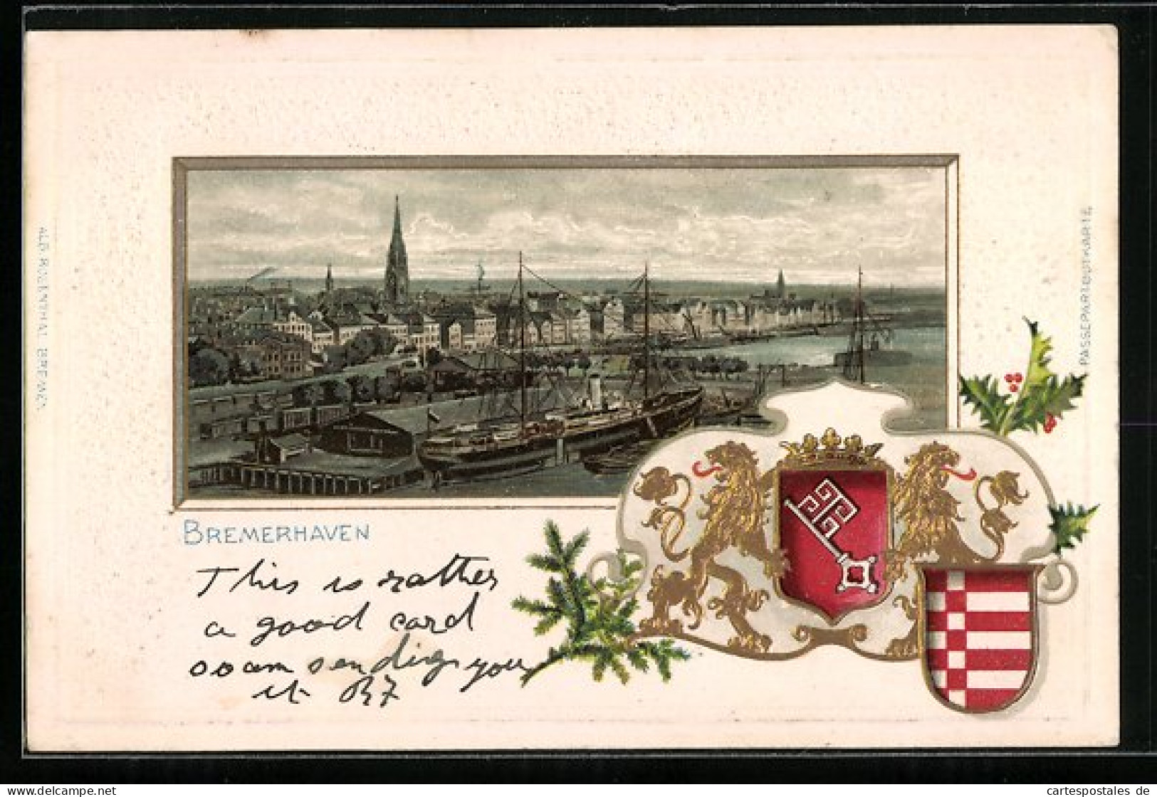 Passepartout-Lithographie Bremerhaven, Ortsansicht Mit Hafen, Wappen Mit Goldenen Löwen  - Other & Unclassified