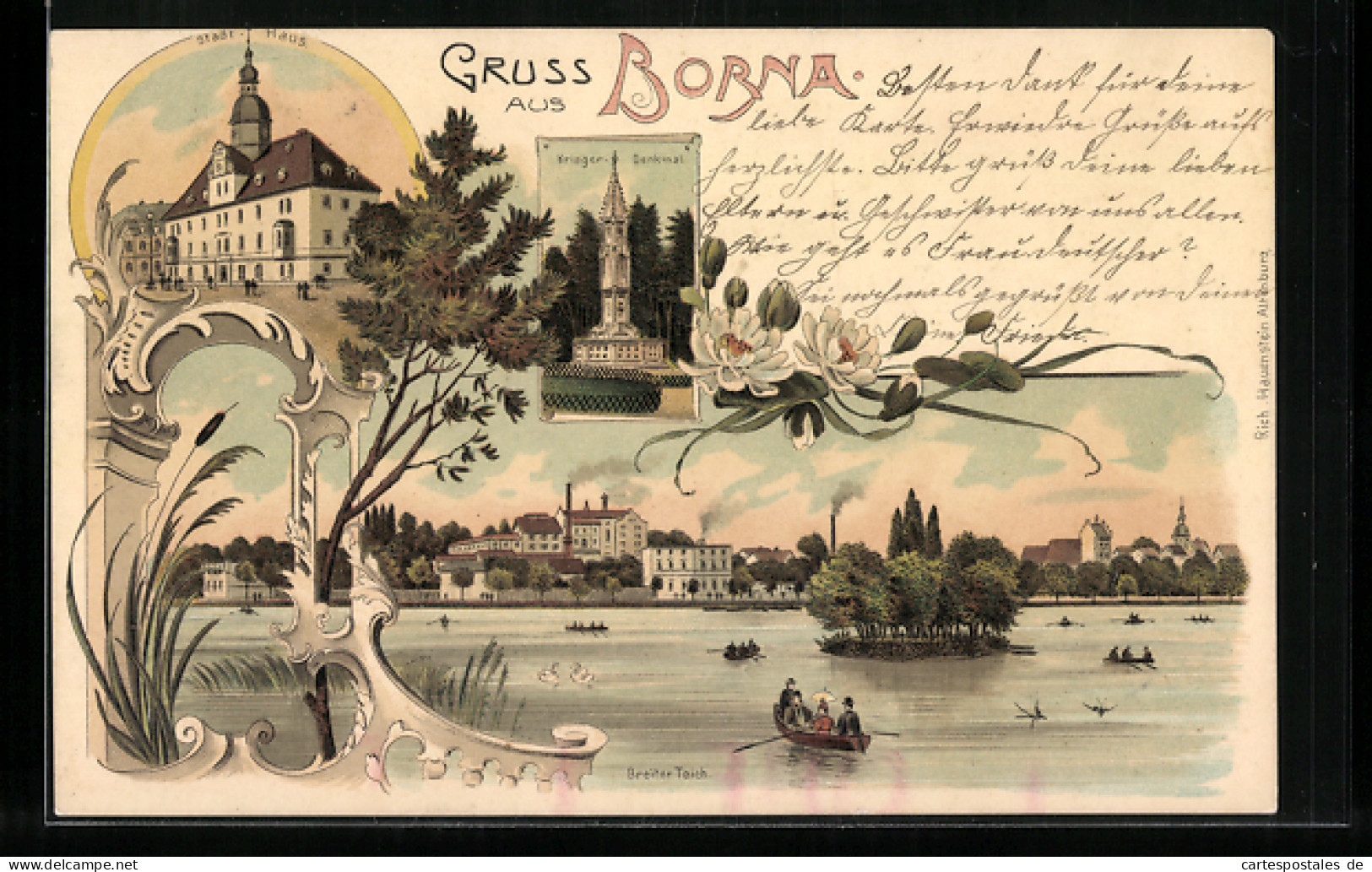 Lithographie Borna, Stadt-Haus, Krieger-Denkmal, Breiter Teich  - Borna