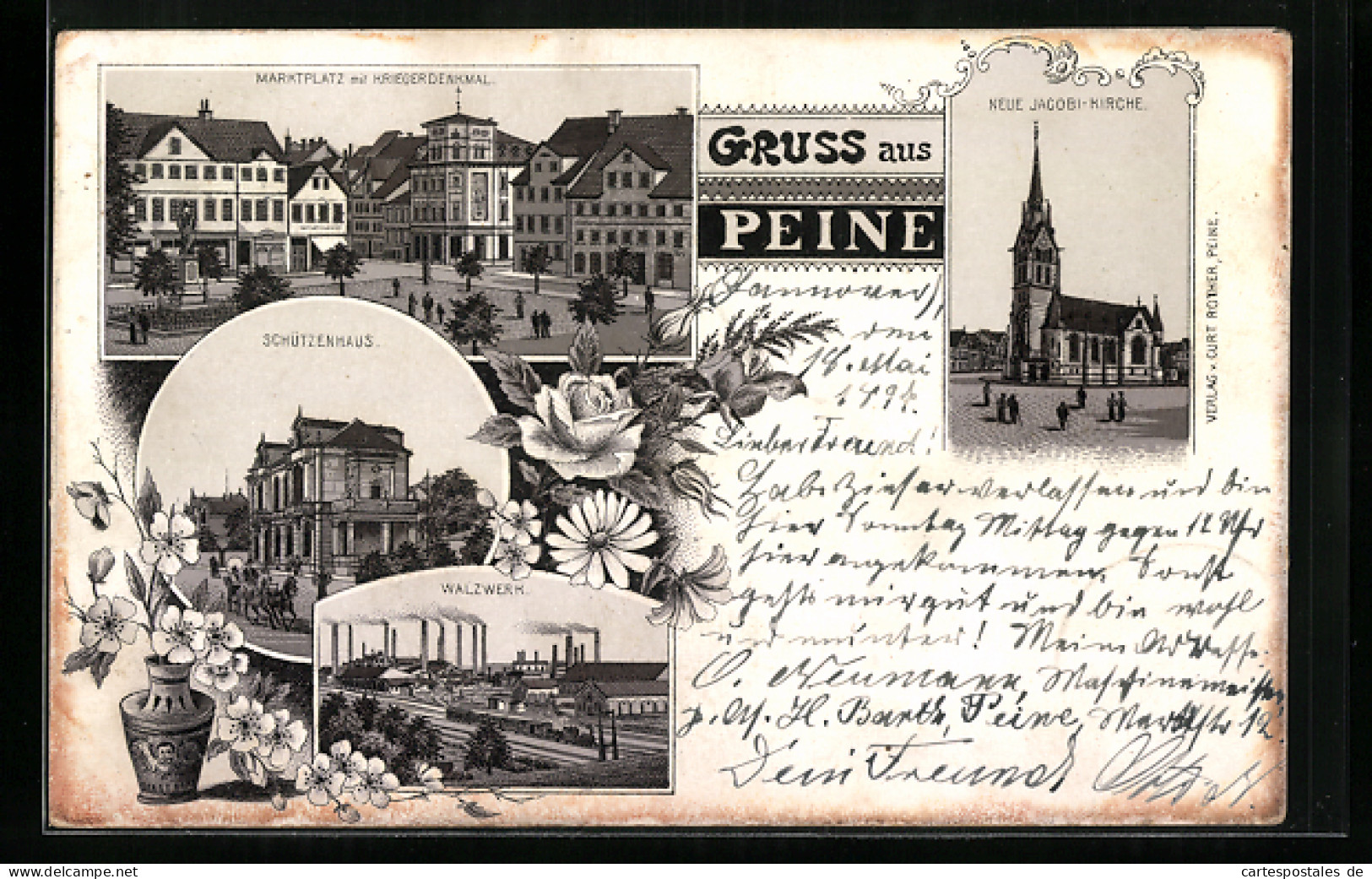 Lithographie Peine, Schützenhaus, Marktplatz Mit Kriegerdenkmal, Walzwerk  - Peine