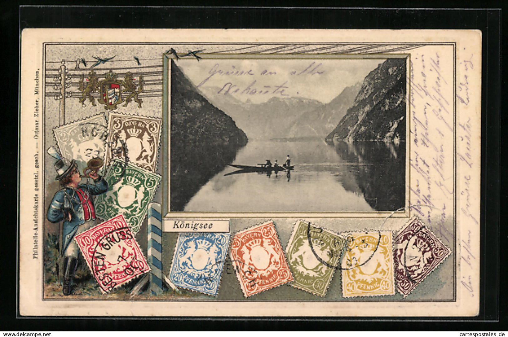 AK Berchtesgaden, Königsee Mit Bootspartie, Briefmarken, Postillon, Wappen  - Briefmarken (Abbildungen)