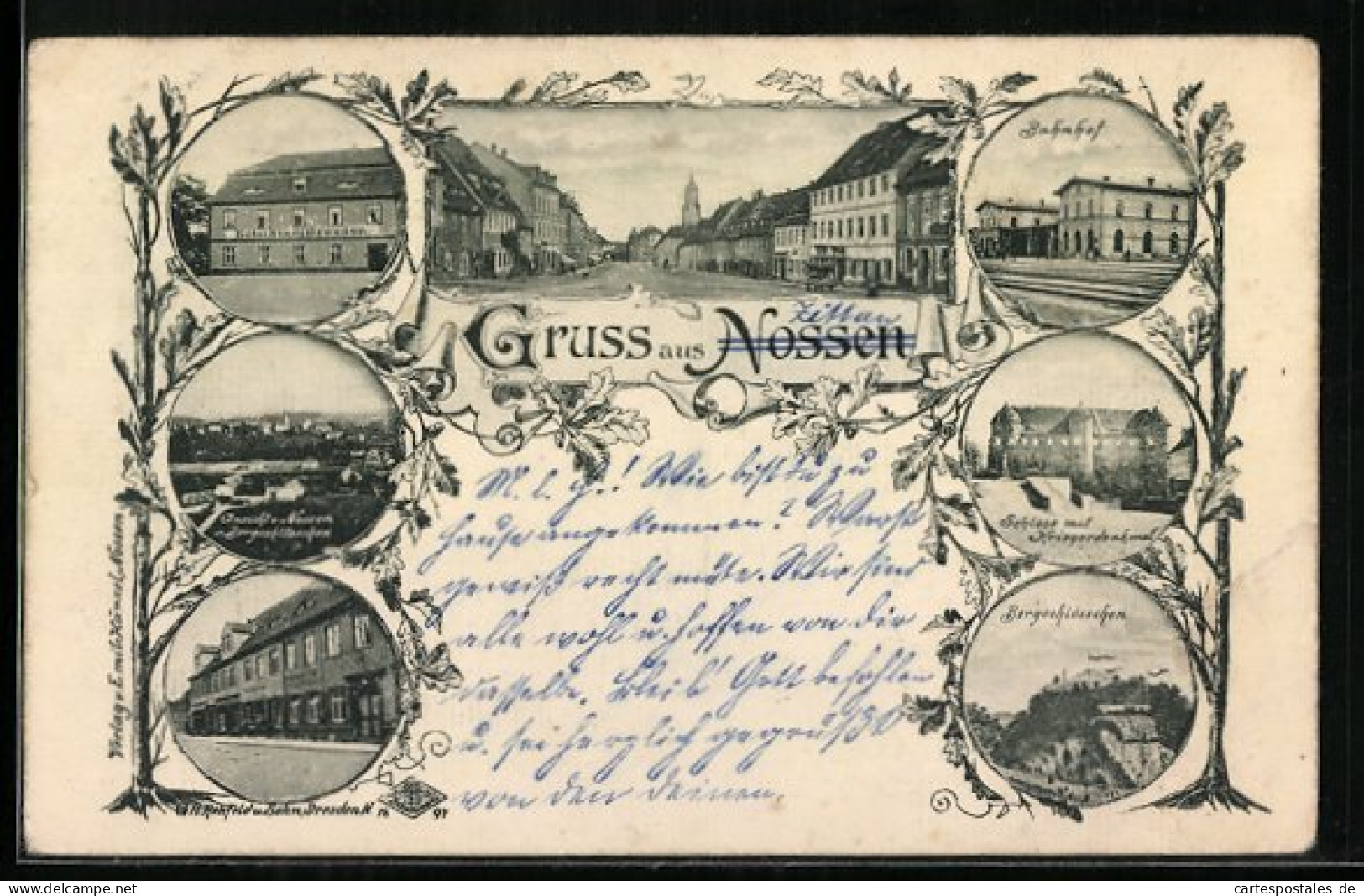 AK Nossen, Bahnhof, Rossberg`s Weinstube, Bergschlösschen, Schloss Mit Kriegerdenkmal, Hotel Stadt Dresden  - Nossen