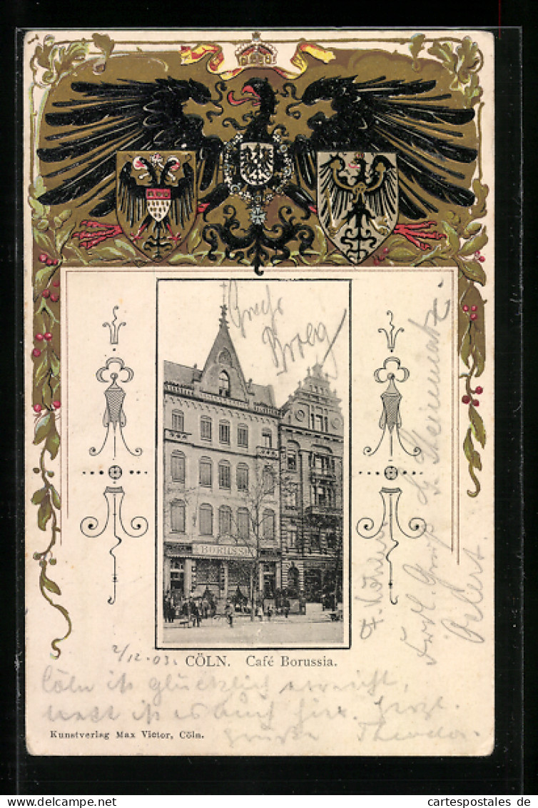 Passepartout-Lithographie Köln-Neustadt, Cafe Borussia Mit Passanten, Wappen, Reichsadler  - Altri & Non Classificati