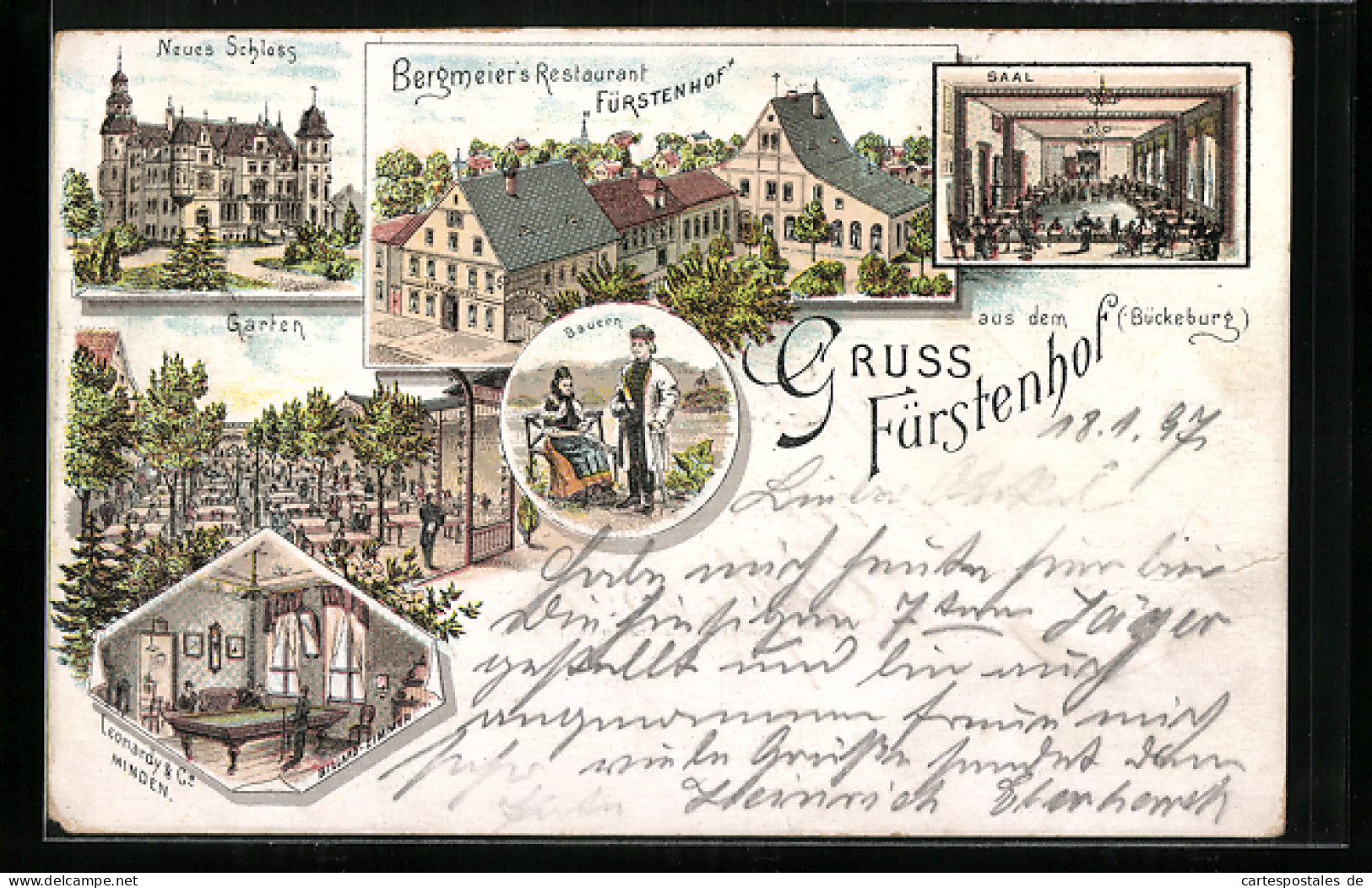 Lithographie Bückeburg, Bergmeier`s Restaurant Fürstenhof, Schloss, Garten, Bauern In Tracht  - Bueckeburg