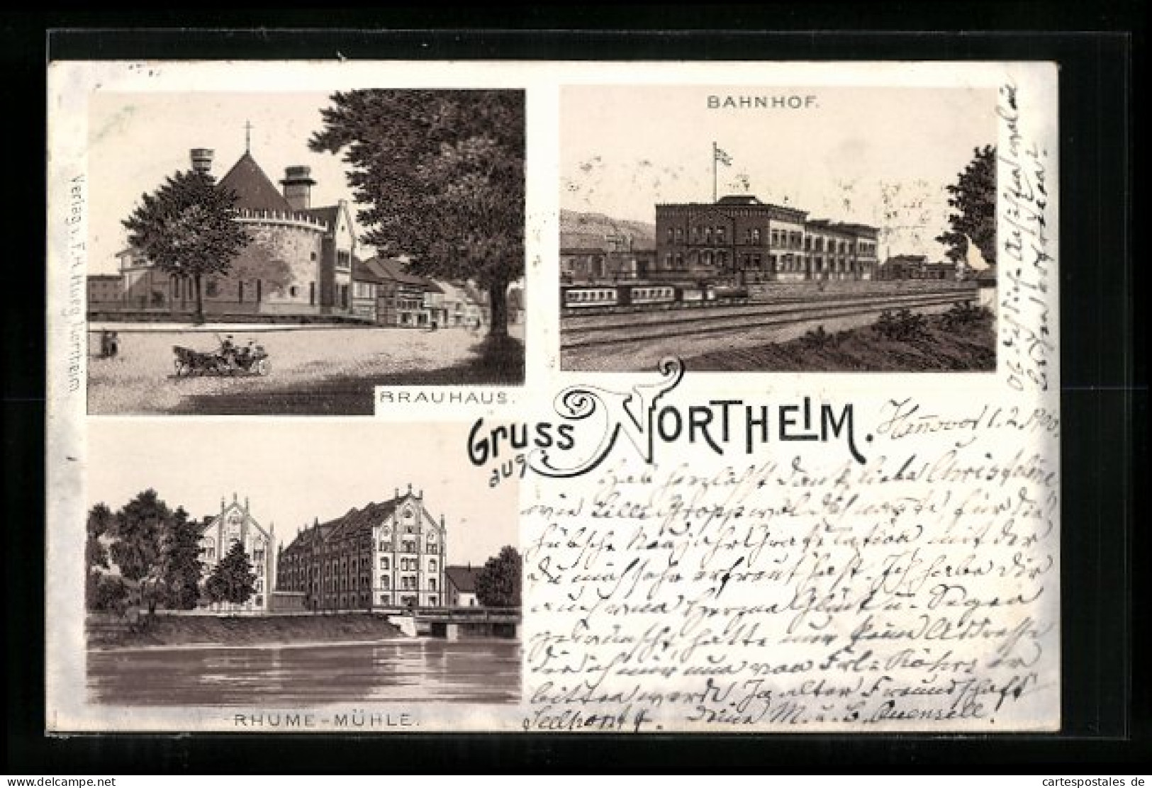 Lithographie Northeim, Bahnhof, Brauhaus, Rhume-Mühle  - Northeim