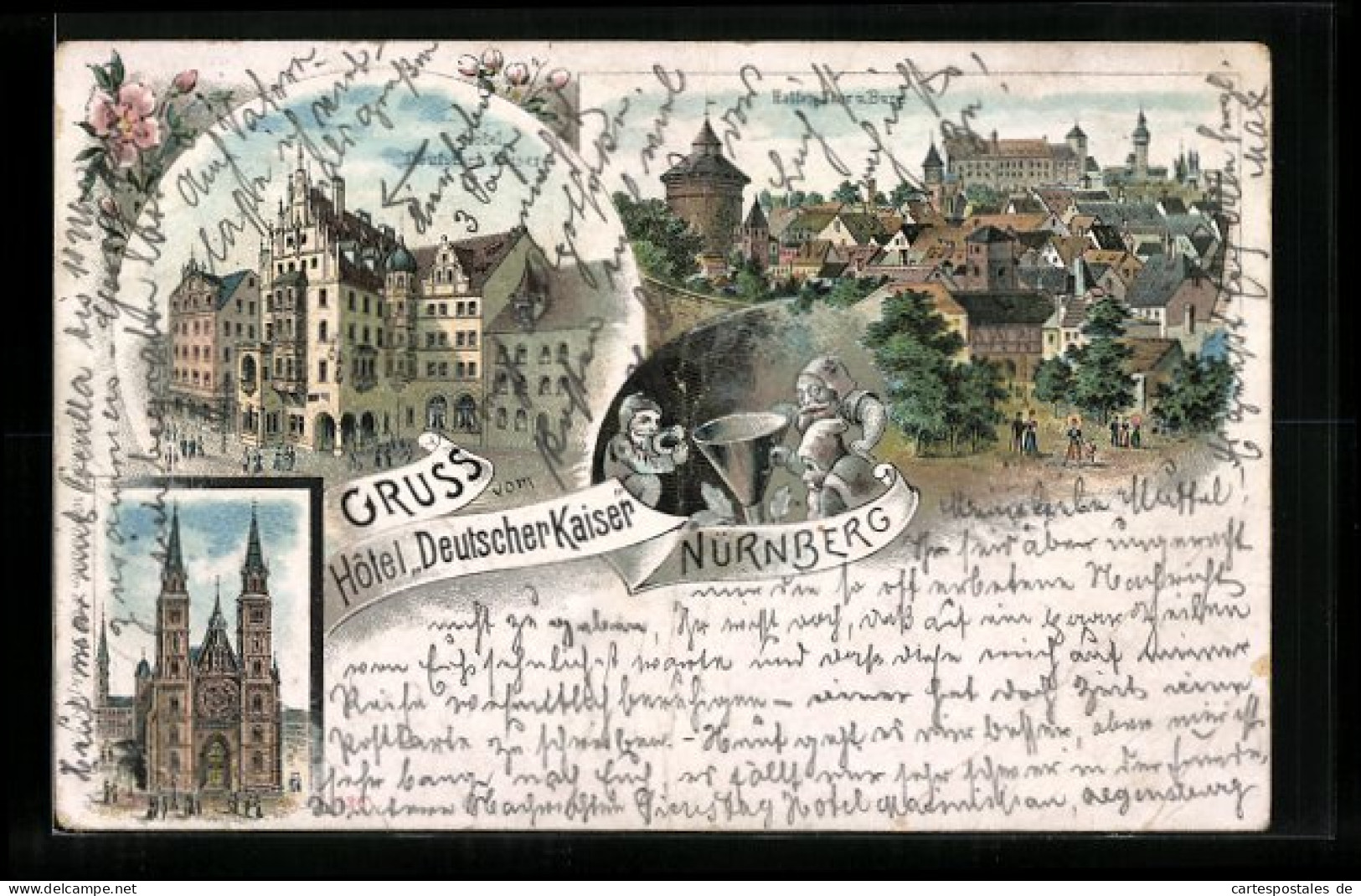 Lithographie Nürnberg, Hôtel Deutscher Kaiser, Haller Tor Und Burg, Kirche  - Nuernberg