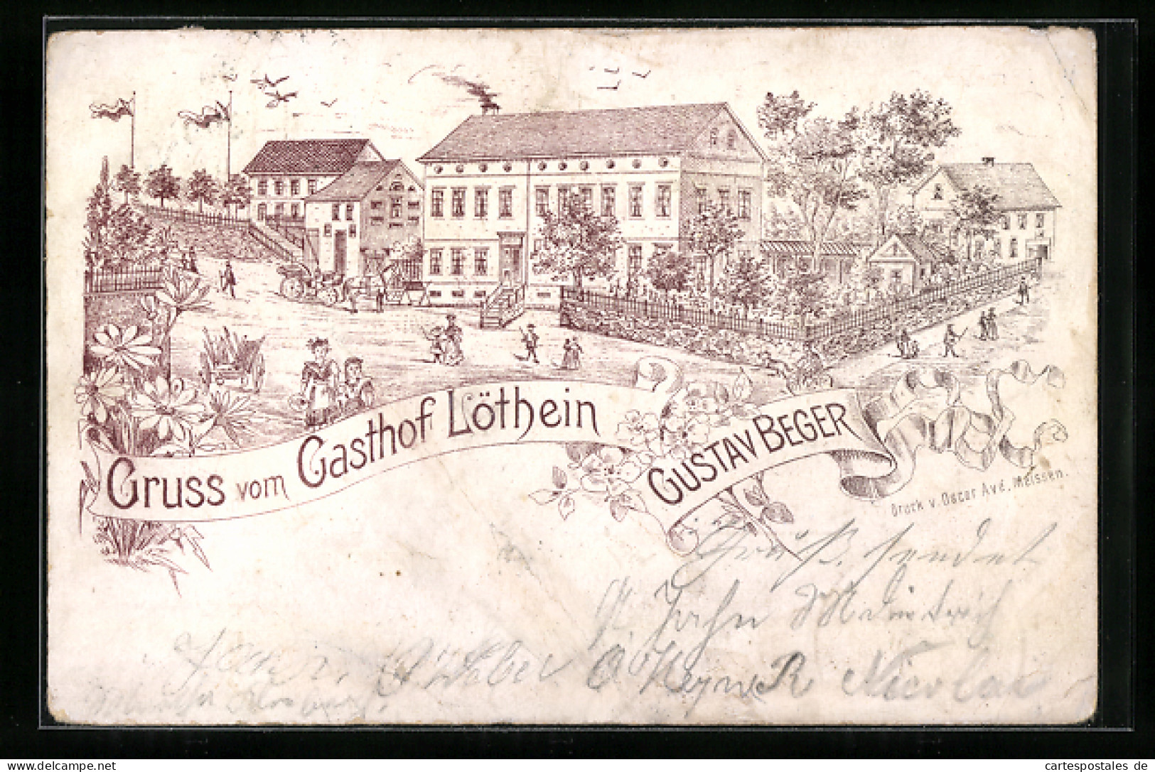 Lithographie Löthein, Strassenpartie Am Gasthof Von Gustav Beger  - Autres & Non Classés