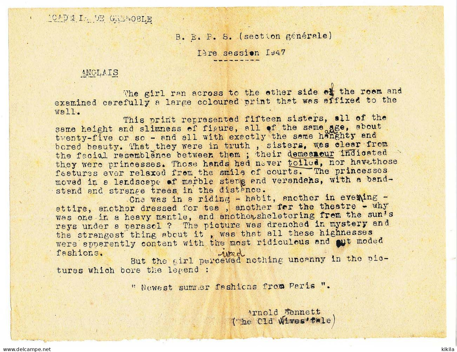 Texte De L'épreuve D'anglais Du B.E.P.S. (section Générale) 1ère Session 1947 De L'Académie De Grenoble - Diplômes & Bulletins Scolaires