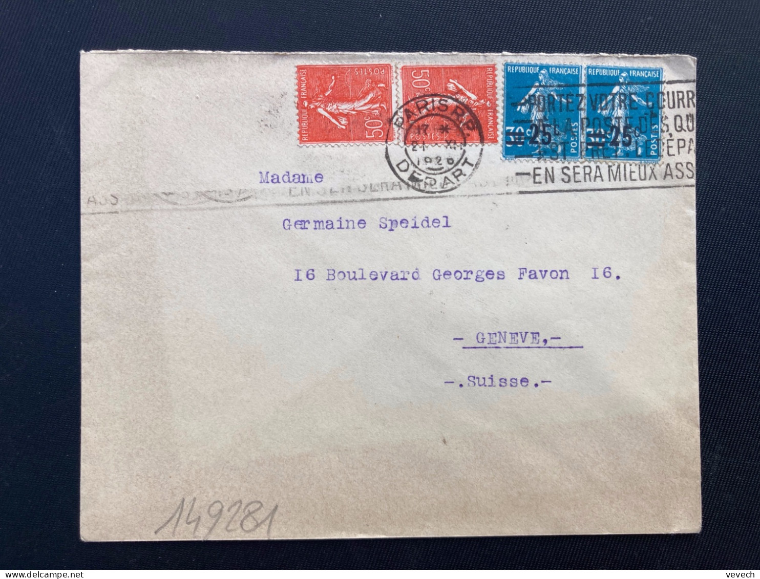 LETTRE Pour La SUISSE TP SEMEUSE 50c X2 + 30c Surch.25c X2 OBL.MEC.21 XII 1926 PARIS RP DEPART - 1921-1960: Période Moderne