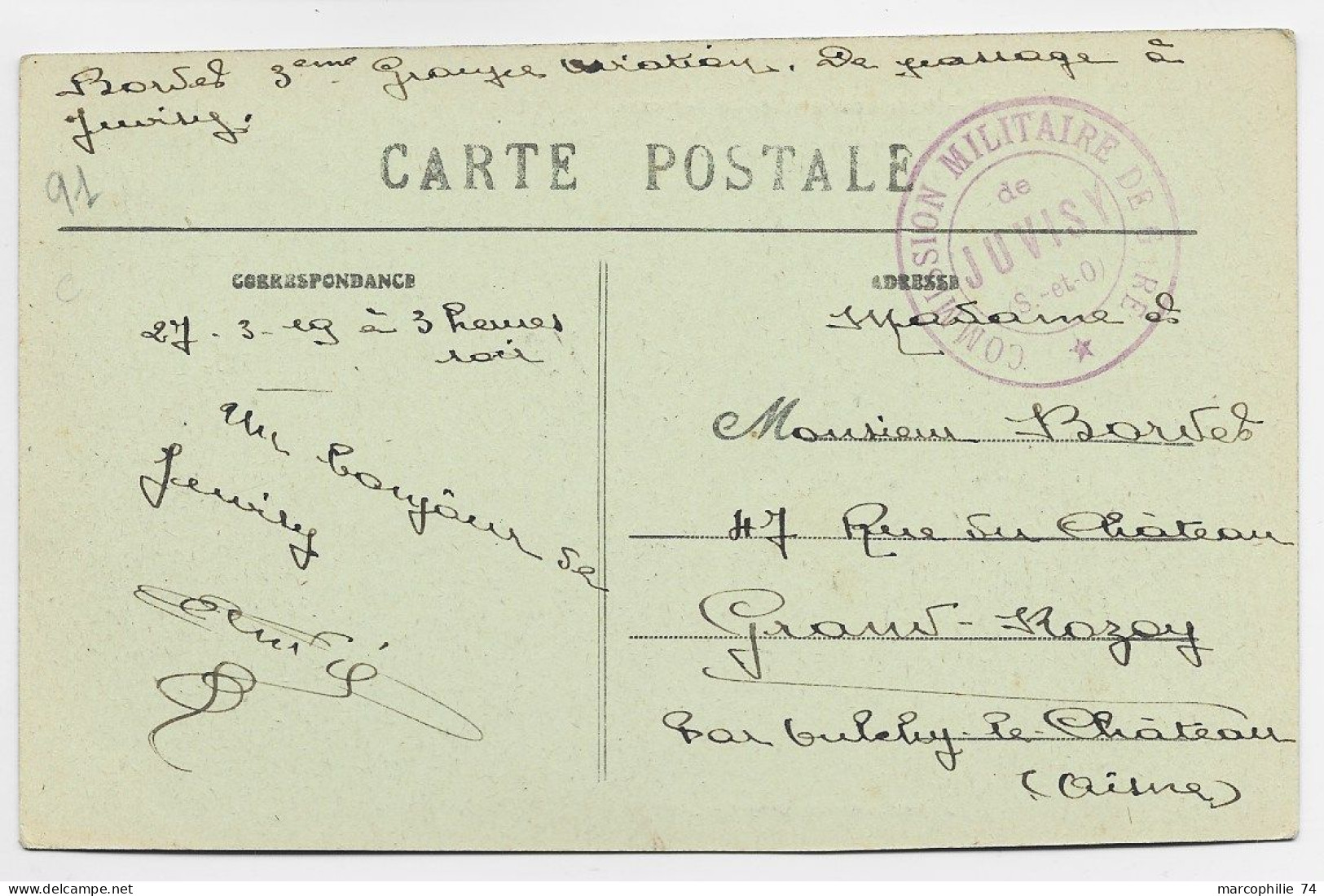 SEINE ET OISE  CARTE CACHET VIOLET COMMISSION MILITAIRE  DE GARE JUVISY 1919 - Guerre De 1914-18