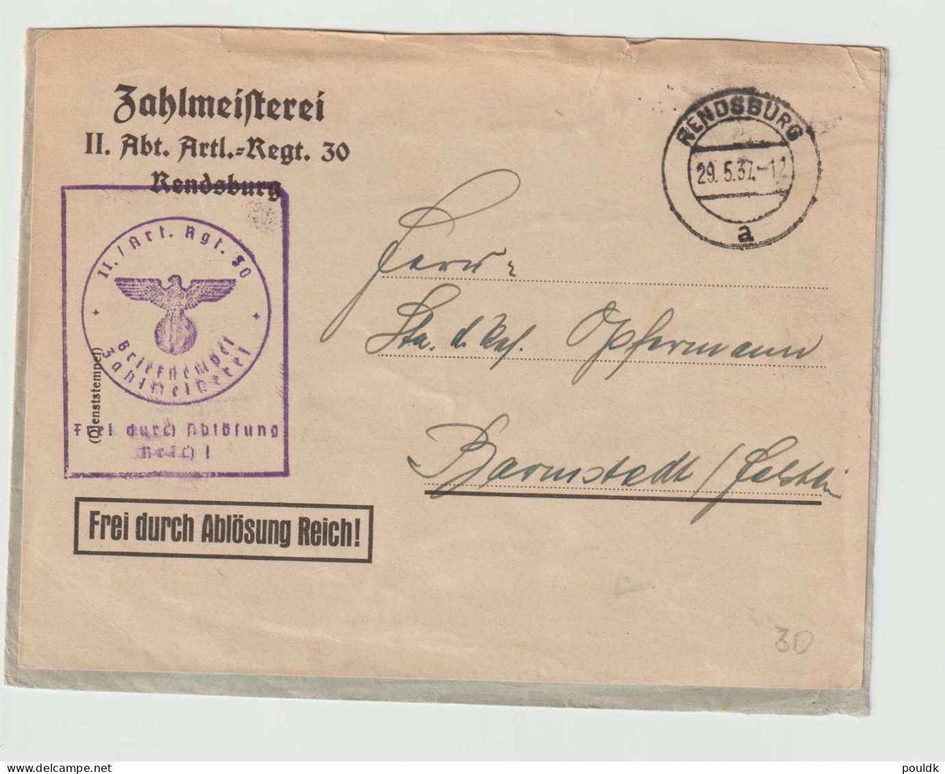 German Feldpost Before WW2: II. Abt./Artillerie Regiment 30 In Rendsburg Posted Rendsburg 29.5.1937 - Reused Cover Marke - Militaria