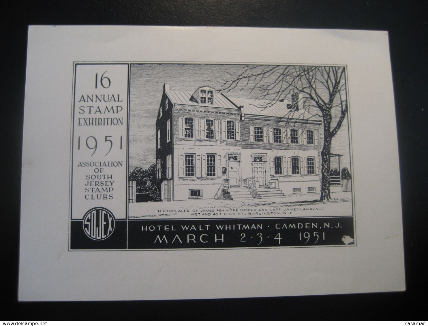 CAMDEN New Jersey 1951 Annual Stamp Exhibition Hotel Walt Whitman Slight Faults Poster Stamp Vignette USA Label - Autres & Non Classés